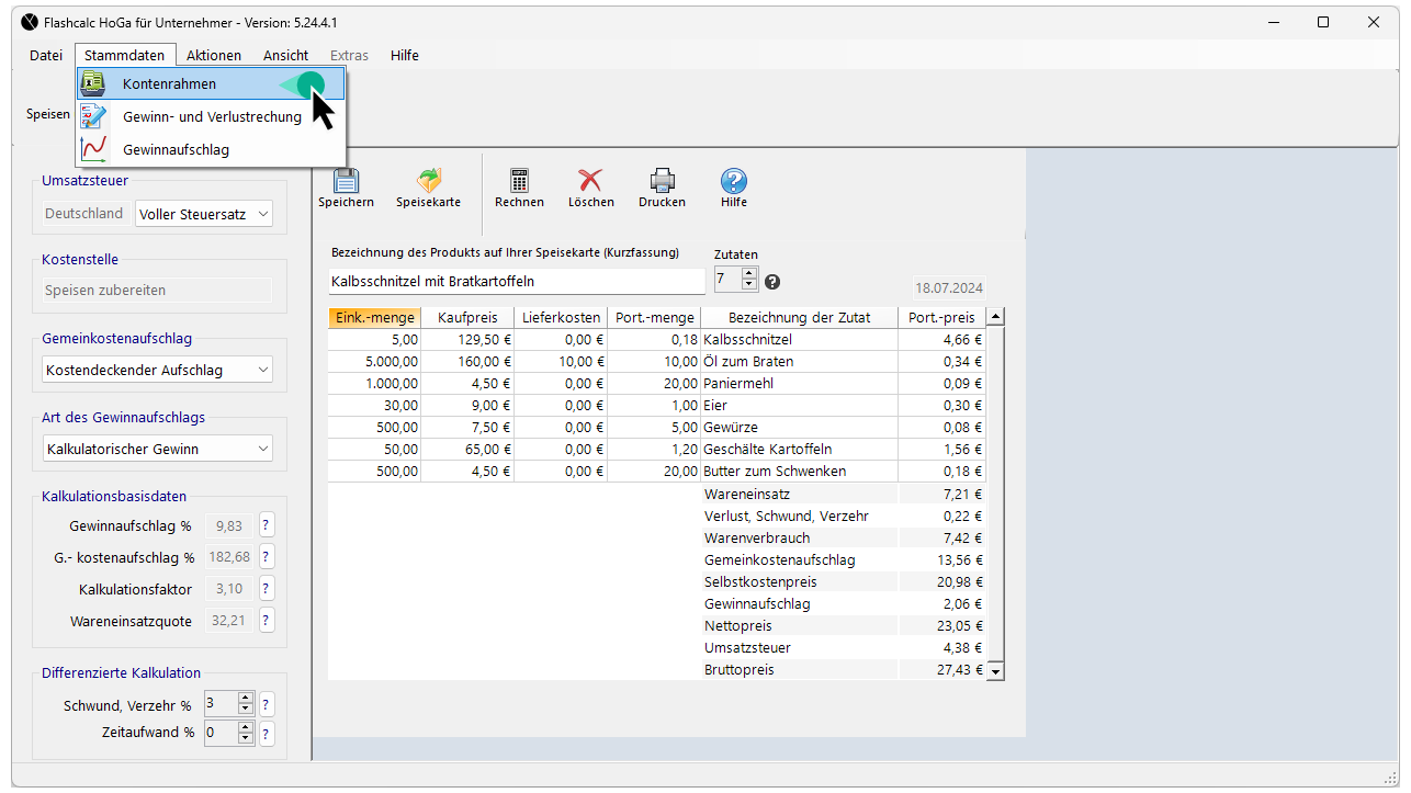 Hinterlegung der Kalkulationsgrundlagen