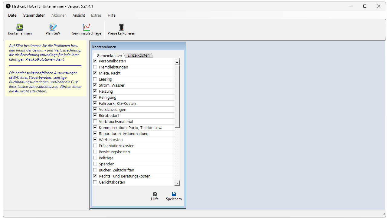 Auswahl der Positionen (Inhalte der Plan-GuV)